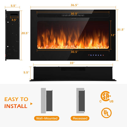 36 Inch Electric Wall Mounted Ultrathin Fireplace 1500W Faux Heater with LED Screen and Remote Control