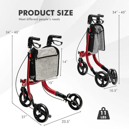 3 Wheel Foldable Rollator Walker with Height Adjustable Handles and  Removable Large Shopping Bag