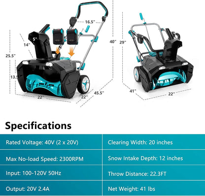 40V Cordless Snow Blower 20 Inch Snow Thrower with Dual LED Lights and 2 Battery for Yard Driveway