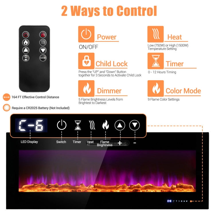 50/60 Inch Wall Mounted Recessed Electric Fireplace Heater with Remote Control and Touch Screen