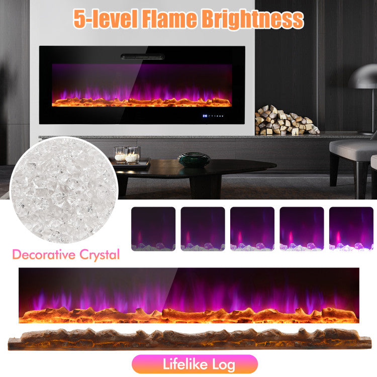 50/60 Inch Wall Mounted Recessed Electric Fireplace Heater with Remote Control and Touch Screen