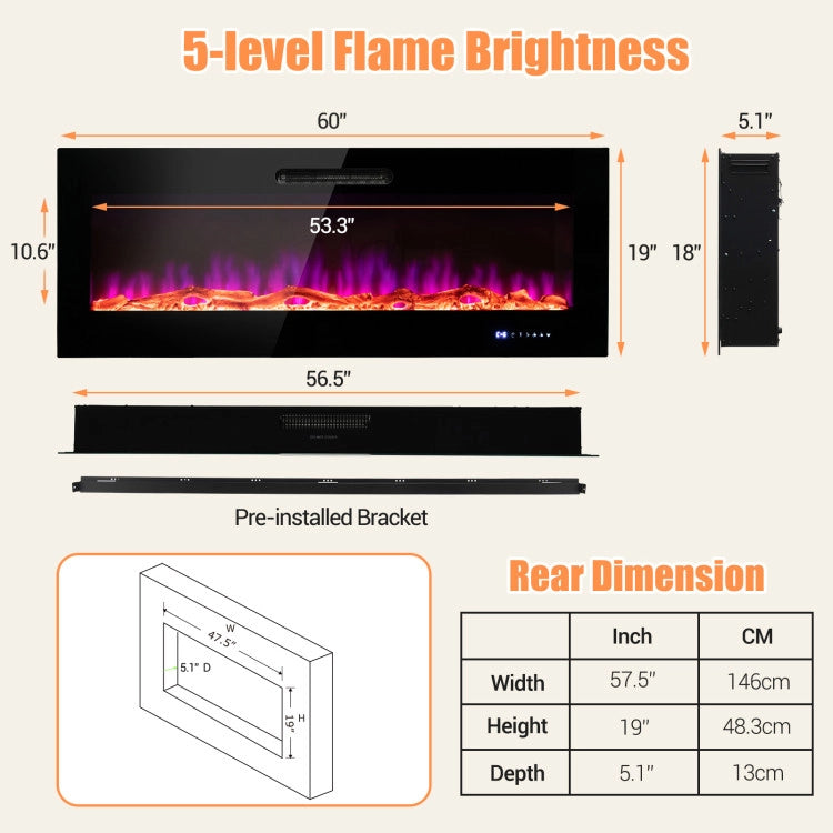 50/60 Inch Wall Mounted Recessed Electric Fireplace Heater with Remote Control and Touch Screen