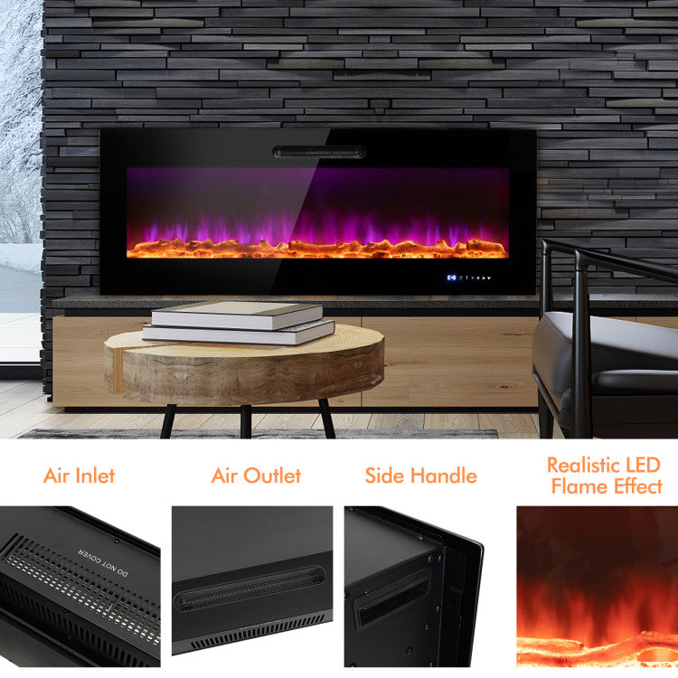 50/60 Inch Wall Mounted Recessed Electric Fireplace Heater with Remote Control and Touch Screen