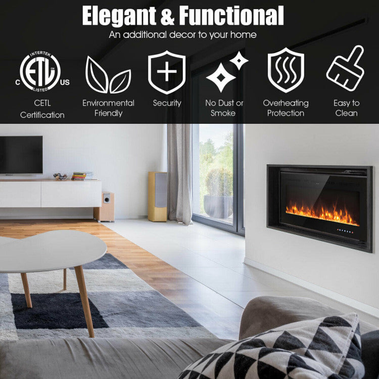 50 Inch Electric Fireplace 750/1500W Wall Mounted and Recessed Fireplace Heater with Remote Control