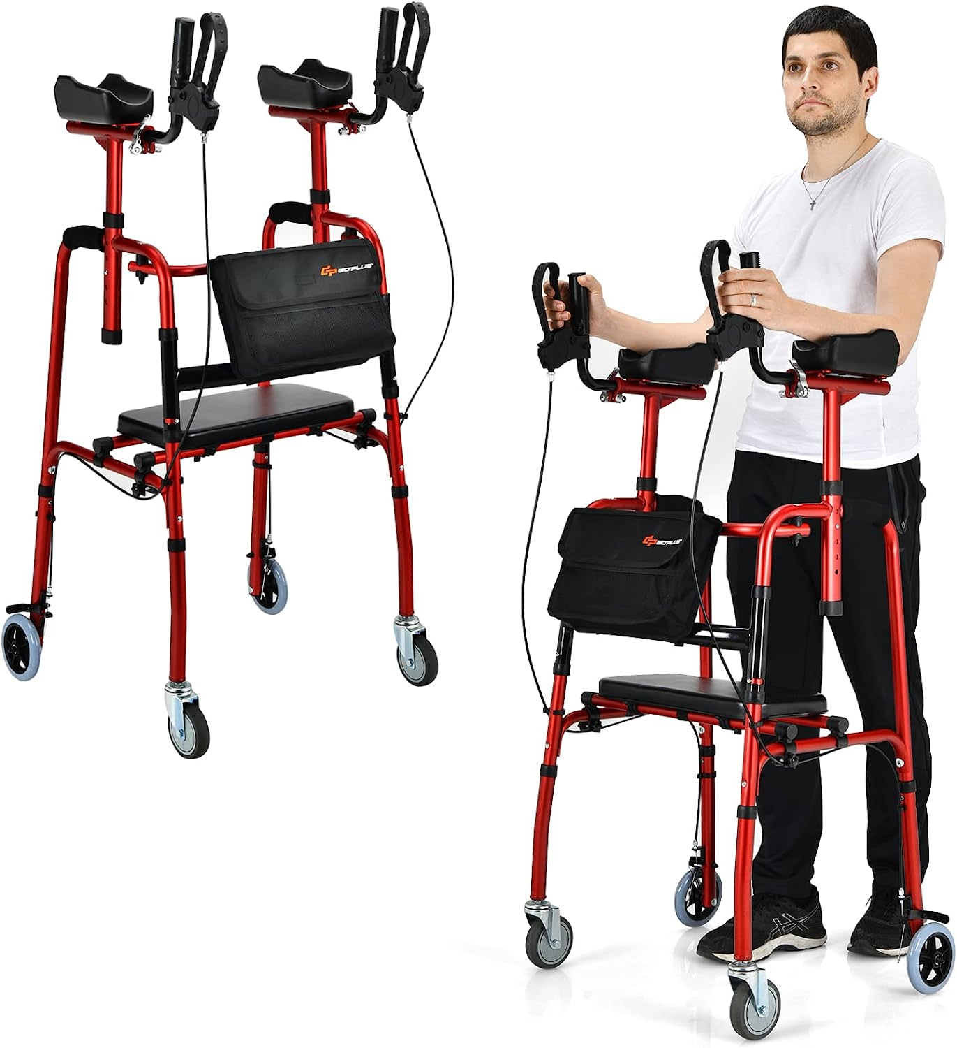 Folding Upright Walker Heavy Duty Stand Up Rollator Walker with Storage Bag and Flip-Up Brakes