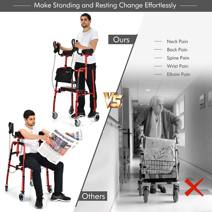 Folding Upright Walker Heavy Duty Stand Up Rollator Walker with Storage Bag and Flip-Up Brakes