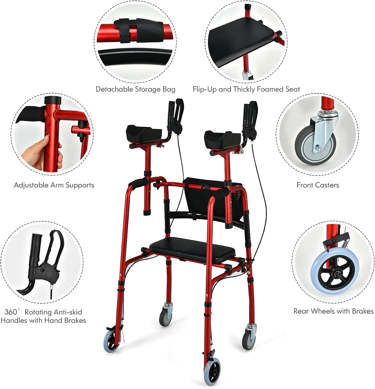 Folding Upright Walker Heavy Duty Stand Up Rollator Walker with Storage Bag and Flip-Up Brakes