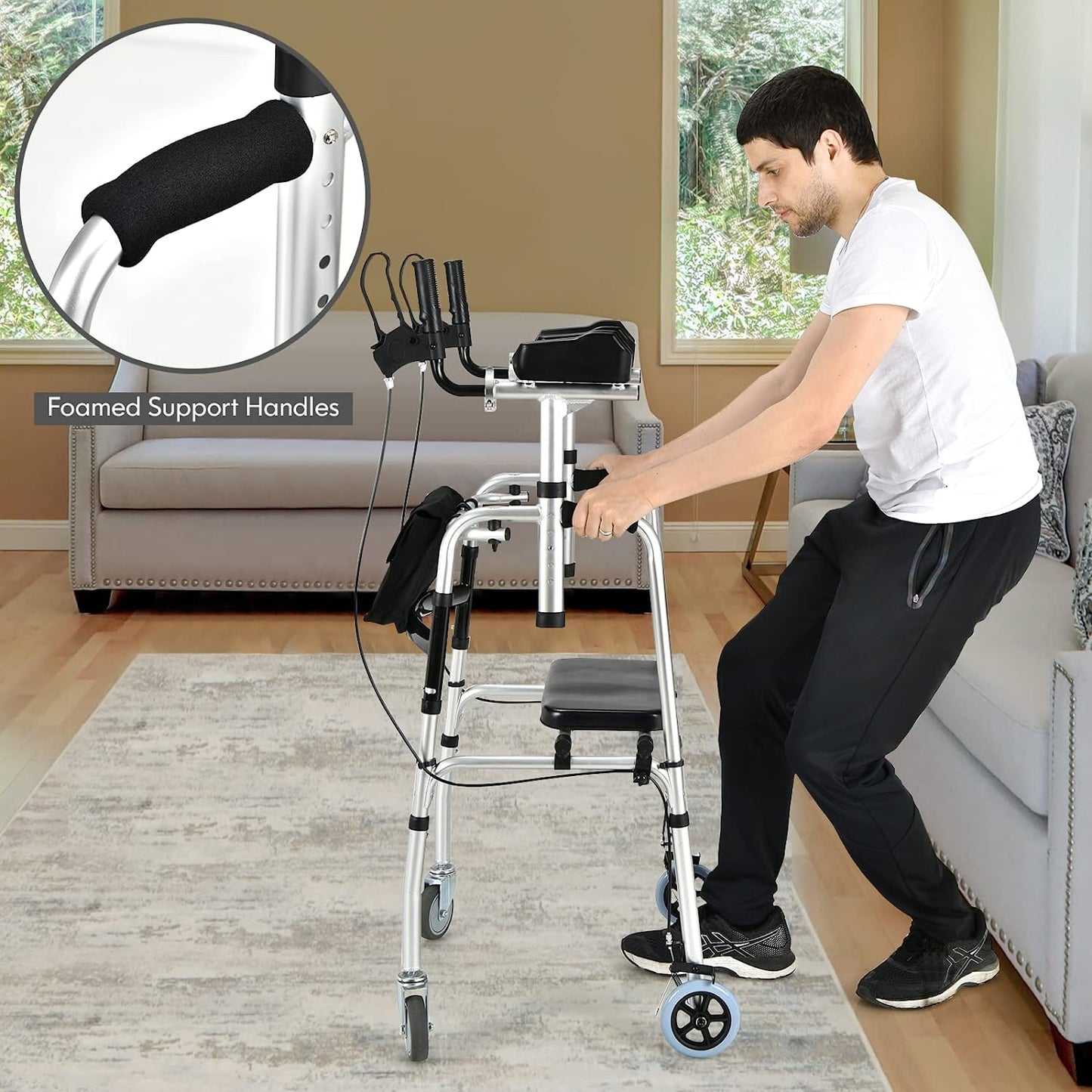 Folding Upright Walker Heavy Duty Stand Up Rollator Walker with Storage Bag and Flip-Up Brakes