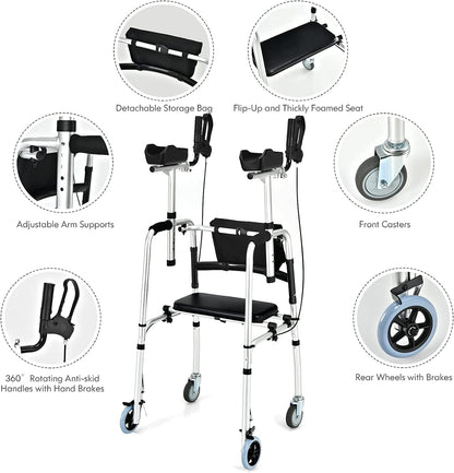 Folding Upright Walker Heavy Duty Stand Up Rollator Walker with Storage Bag and Flip-Up Brakes