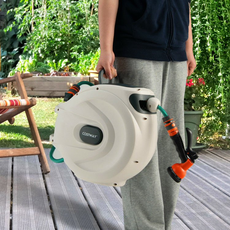 Garden Retractable Hose Reel Wall Mounted 1/2 Inch 65 Feet Any Length with Self-Lock Design and Hose Nozzle