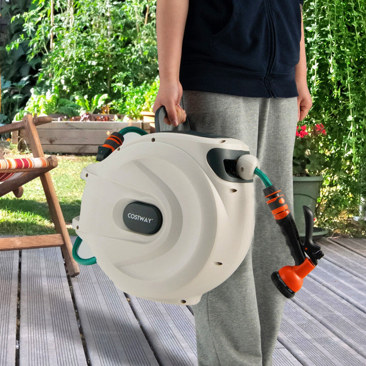 Garden Retractable Hose Reel Wall Mounted 1/2 Inch 98 Feet Any Length with Self-Lock Design and Hose Nozzle