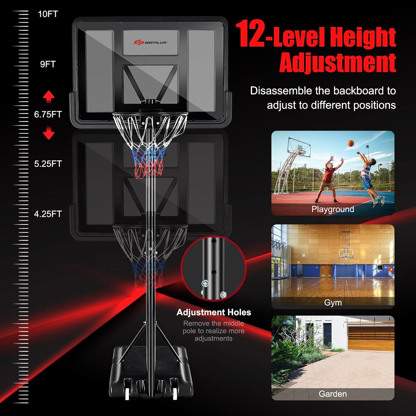 Outdoor Portable Basketball Hoop Stand Goal System with Adjustable Height and Shatterproof Backboard