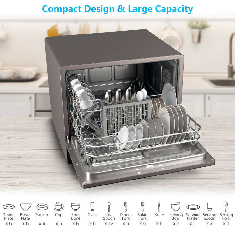 Portable Compact Countertop or Built-in Dishwasher Machine with Hot Air Preserve Function and 5 Washing Modes