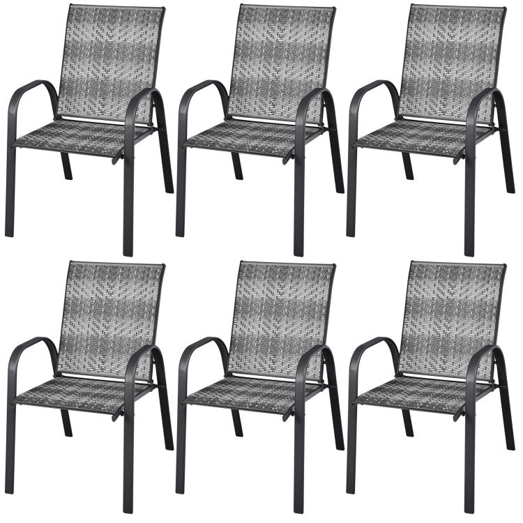 Set of 6 Outdoor Rattan Dining Chairs Patio PE Wicker Stackable Chairs with Sturdy Steel Frame