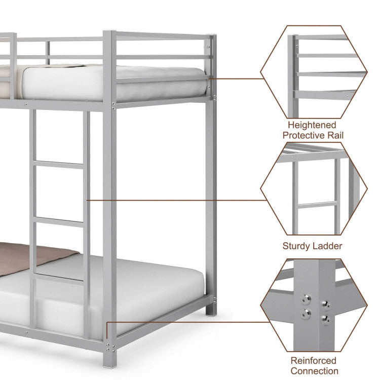 Twin Over Twin Metal Bunk Bed Classic Bed Frame Platform with Side Ladder and Guard Rails