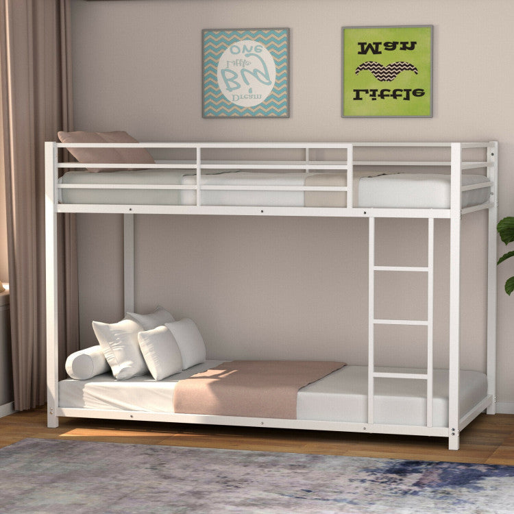 Twin Over Twin Metal Bunk Bed Classic Bed Frame Platform with Side Ladder and Guard Rails