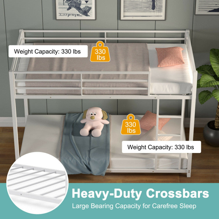 Twin Over Twin Metal Bunk Bed Classic Bed Frame Platform with Side Ladder and Guard Rails