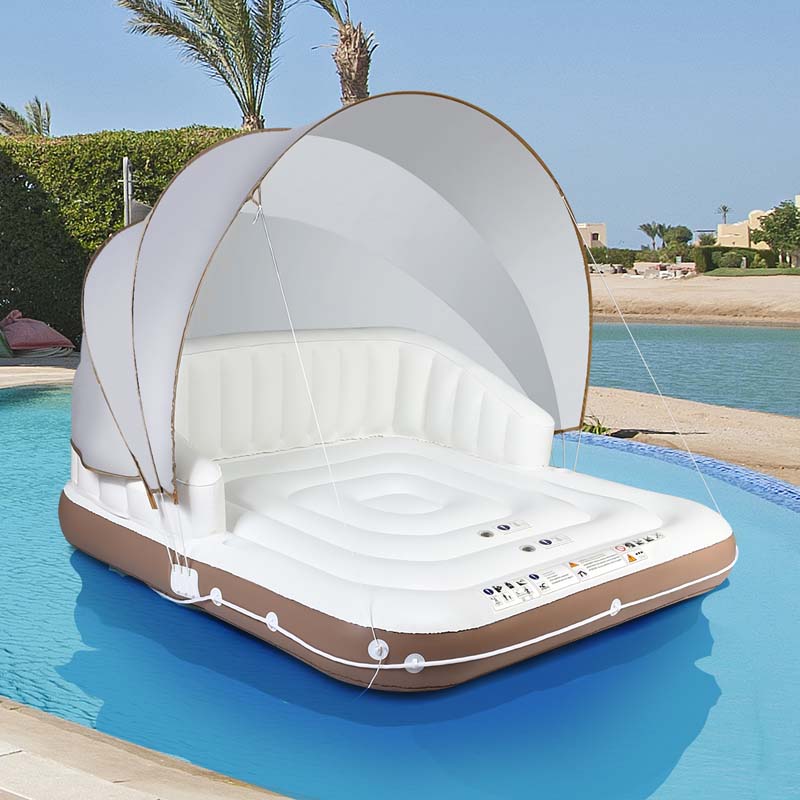 Giant Inflatable Pool Float Lounge Swimming Floating Island Raft with Retractable Canopy and  2 Cup Holders