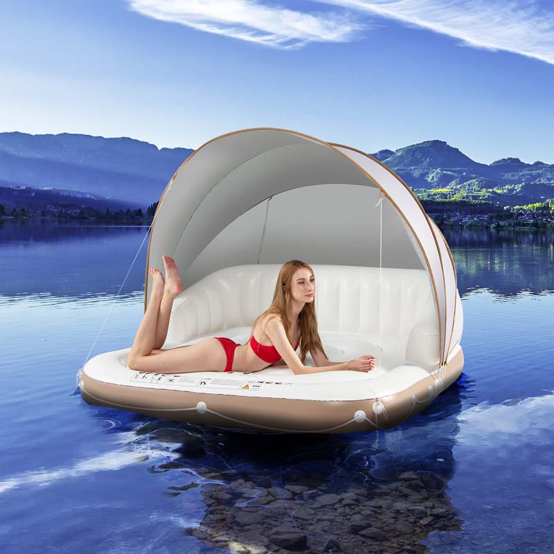 Giant Inflatable Pool Float Lounge Swimming Floating Island Raft with Retractable Canopy and  2 Cup Holders