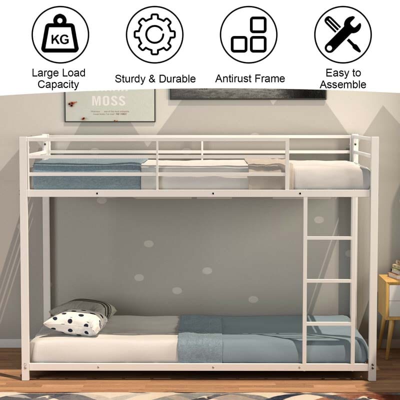 Twin Over Twin Metal Bunk Bed Classic Bed Frame Platform with Side Ladder and Guard Rails