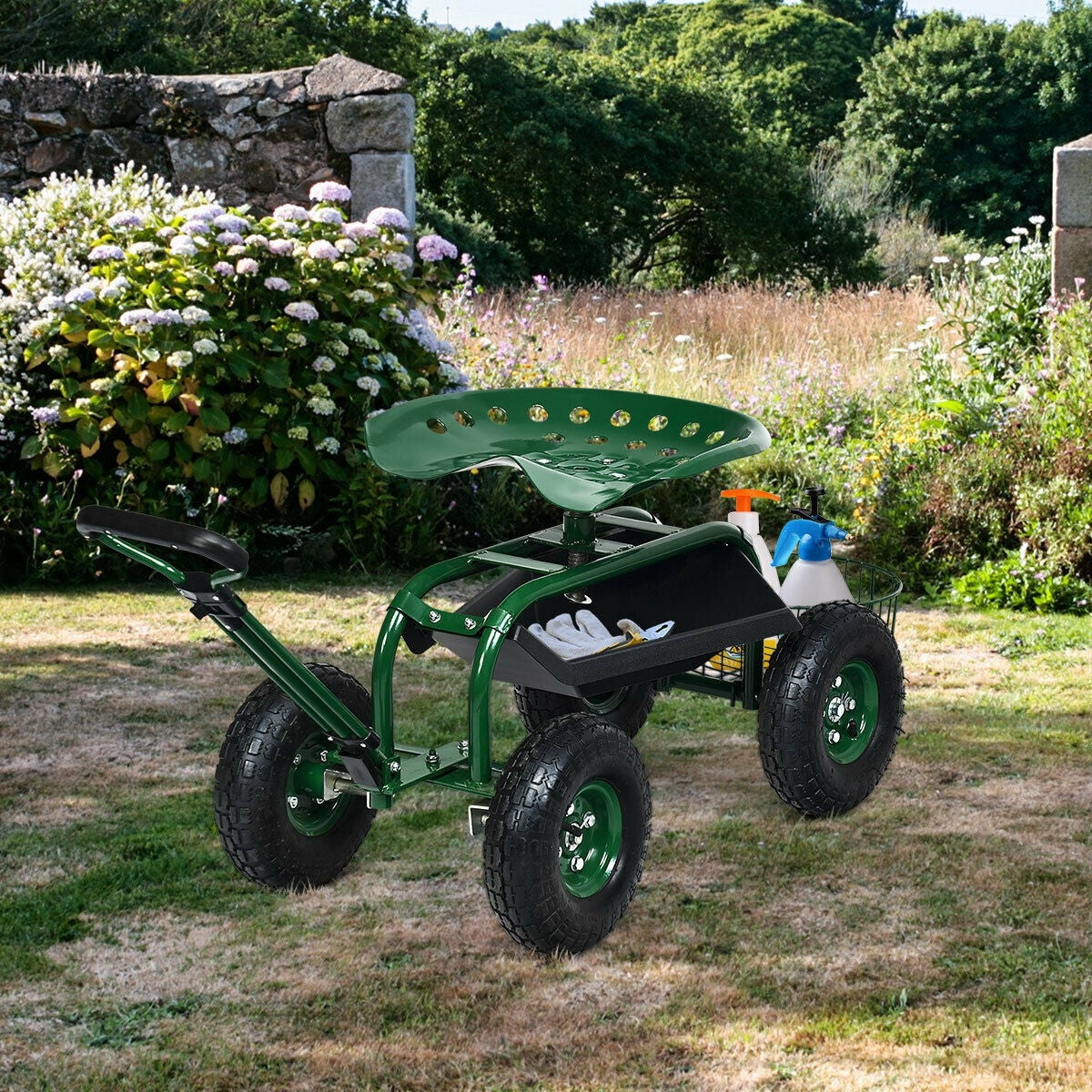 Heavy Duty Rolling Garden Cart with 360 Swivel Seat and Extendable Steer Handle