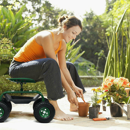 Heavy Duty Rolling Garden Cart with 360 Swivel Seat and Extendable Steer Handle