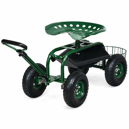 Heavy Duty Rolling Garden Cart with 360 Swivel Seat and Extendable Steer Handle