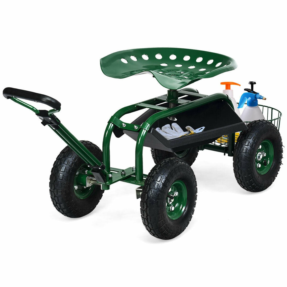 Heavy Duty Rolling Garden Cart with 360 Swivel Seat and Extendable Steer Handle