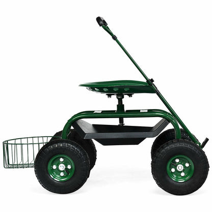 Heavy Duty Rolling Garden Cart with 360 Swivel Seat and Extendable Steer Handle