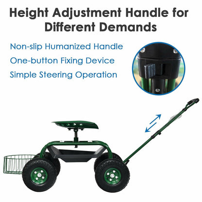 Heavy Duty Rolling Garden Cart with 360 Swivel Seat and Extendable Steer Handle