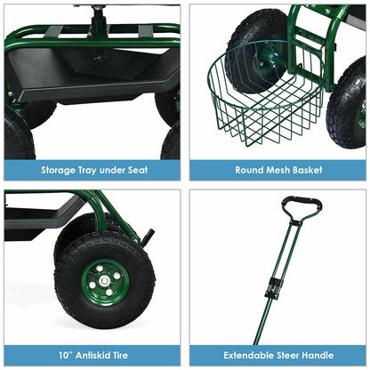 Heavy Duty Rolling Garden Cart with 360 Swivel Seat and Extendable Steer Handle