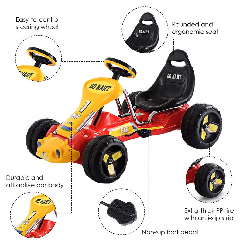 Kids Pedal Go Kart 4 Wheel Pedal Powered Ride On Toy Car with Adjustable Seat for Boys Girls