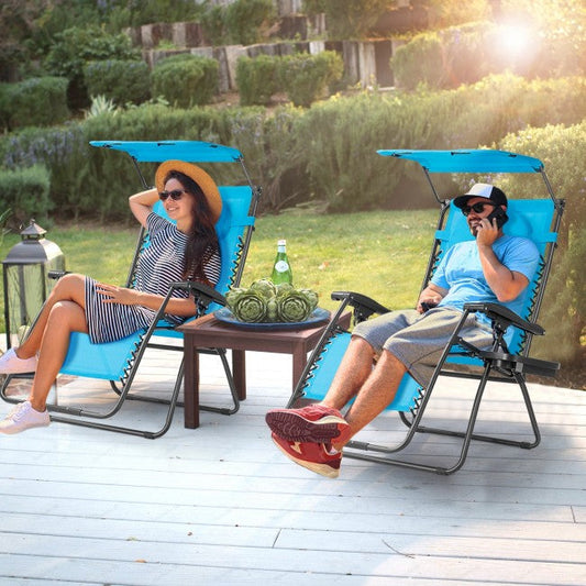 Outdoor Folding Lounge Chair Patio Recliner with Canopy Shade and Cup Holder