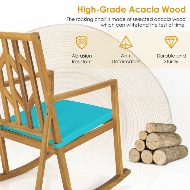 Outdoor Patio Acacia Wood Rocking Chair with Detachable Cushion and Armrest