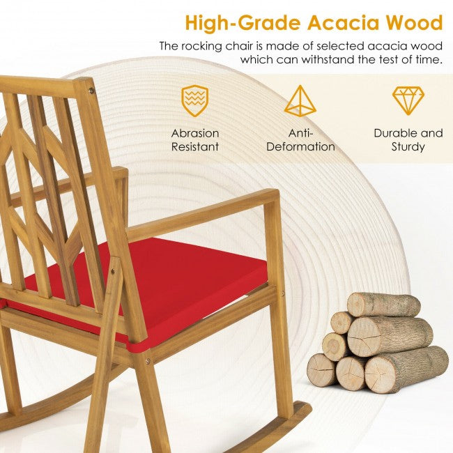 Outdoor Patio Acacia Wood Rocking Chair with Detachable Cushion and Armrest