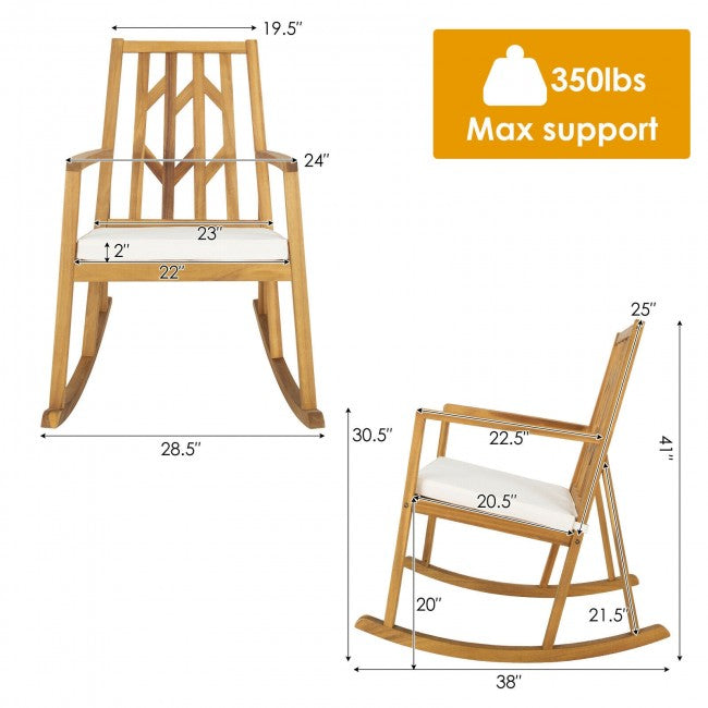 Outdoor Patio Acacia Wood Rocking Chair with Detachable Cushion and Armrest