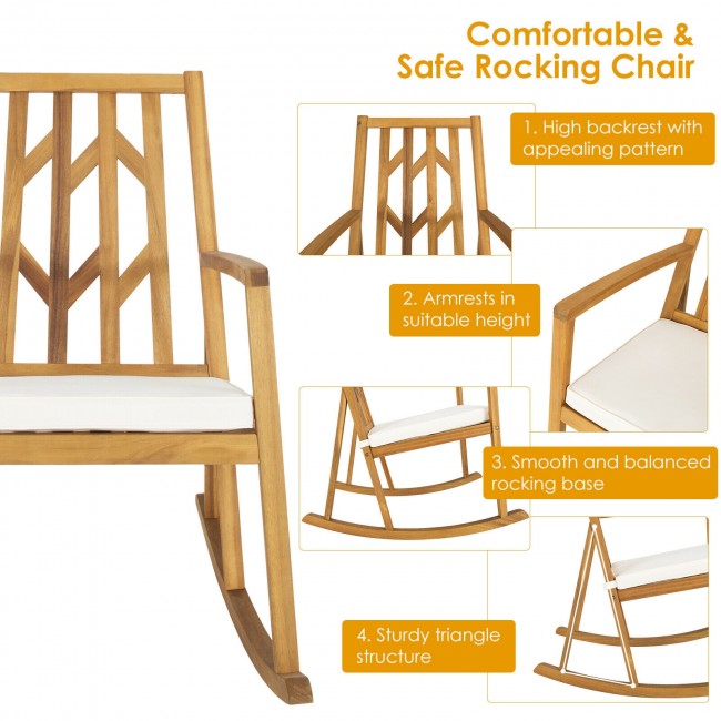 Outdoor Patio Acacia Wood Rocking Chair with Detachable Cushion and Armrest