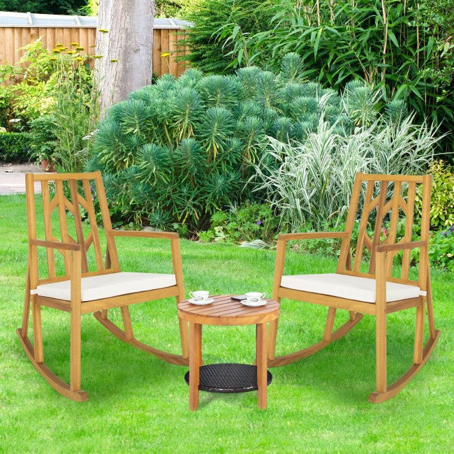 Outdoor Patio Acacia Wood Rocking Chair with Detachable Cushion and Armrest