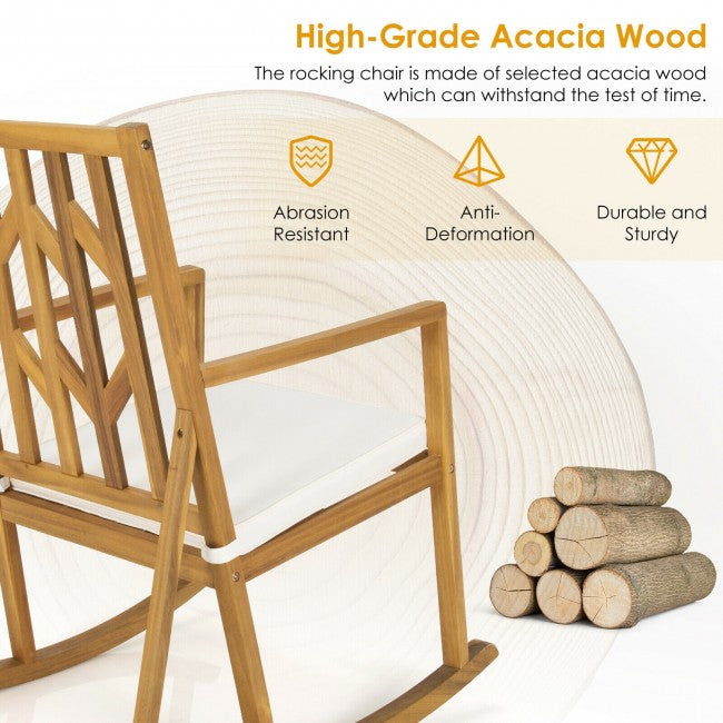 Outdoor Patio Acacia Wood Rocking Chair with Detachable Cushion and Armrest