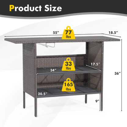 Outdoor Patio Wicker Bar Counter Table Backyard Furniture with 2 Steel Shelves and 2 Sets of Rails