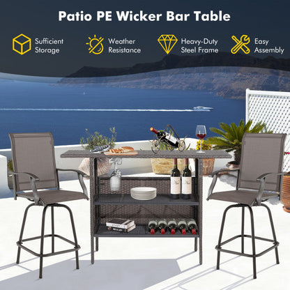 Outdoor Patio Wicker Bar Counter Table Backyard Furniture with 2 Steel Shelves and 2 Sets of Rails