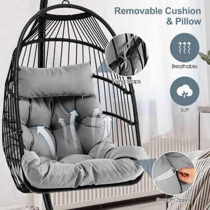 Patio Hanging Egg Swing Chair PE Rattan Hammock Chair with Removable Cushion and Waterproof Cover