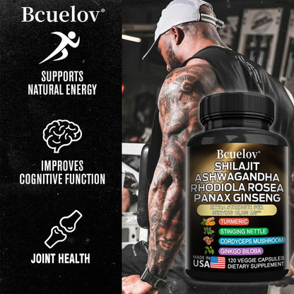 BioBoost- Shilajit Resin Himalaya Capsules - 15250 mg - Combination of Ashwagandha, Ginseng, Cordyceps, Ginkgo, Turmeric