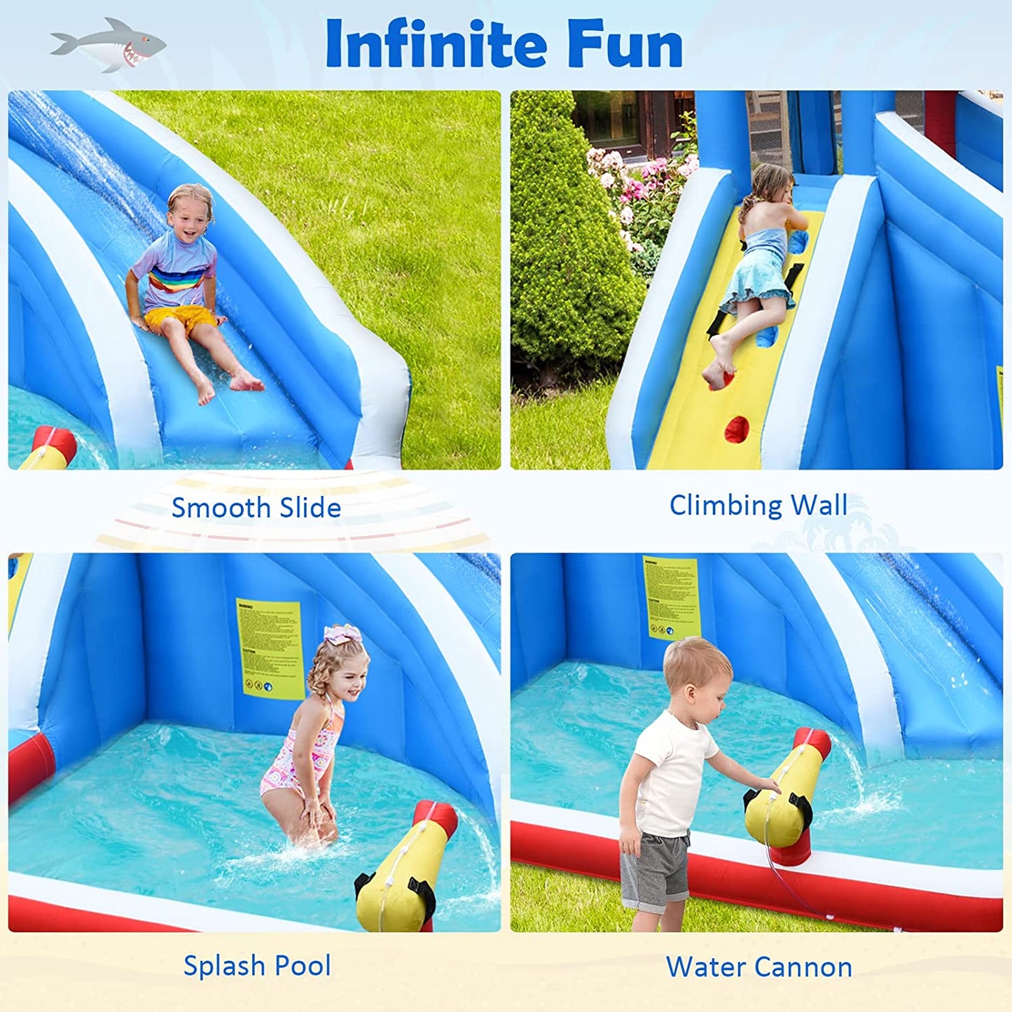 Shark Water Slide Kid's Inflatable Castle with Climb Wall