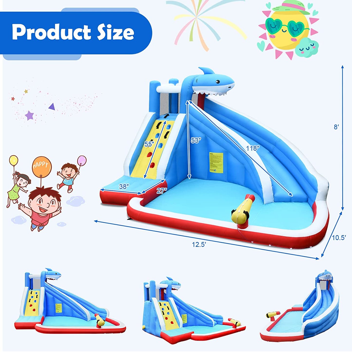 Shark Water Slide Kid's Inflatable Castle with Climb Wall