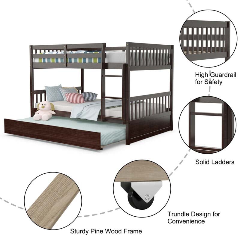 Solid Wood Convertible Bunk Bed Frame with Trundle, Safety Ladder and Guardrails for Children and Teenagers