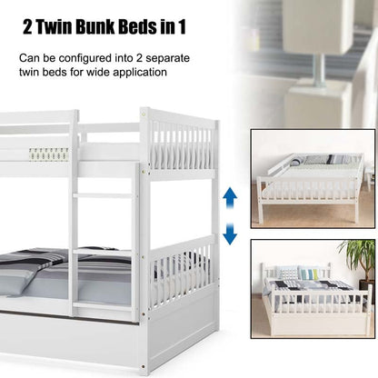 Solid Wood Convertible Bunk Bed Frame with Trundle, Safety Ladder and Guardrails for Children and Teenagers