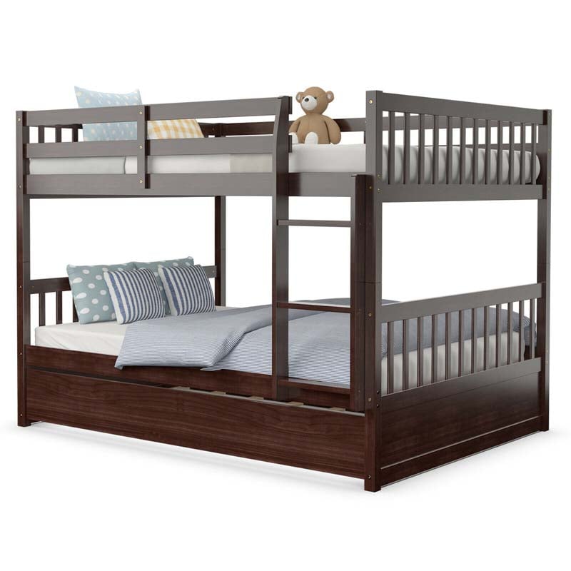 Solid Wood Convertible Bunk Bed Frame with Trundle, Safety Ladder and Guardrails for Children and Teenagers