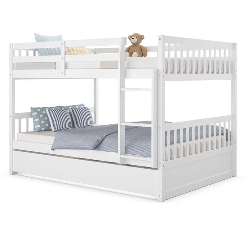 Solid Wood Convertible Bunk Bed Frame with Trundle, Safety Ladder and Guardrails for Children and Teenagers