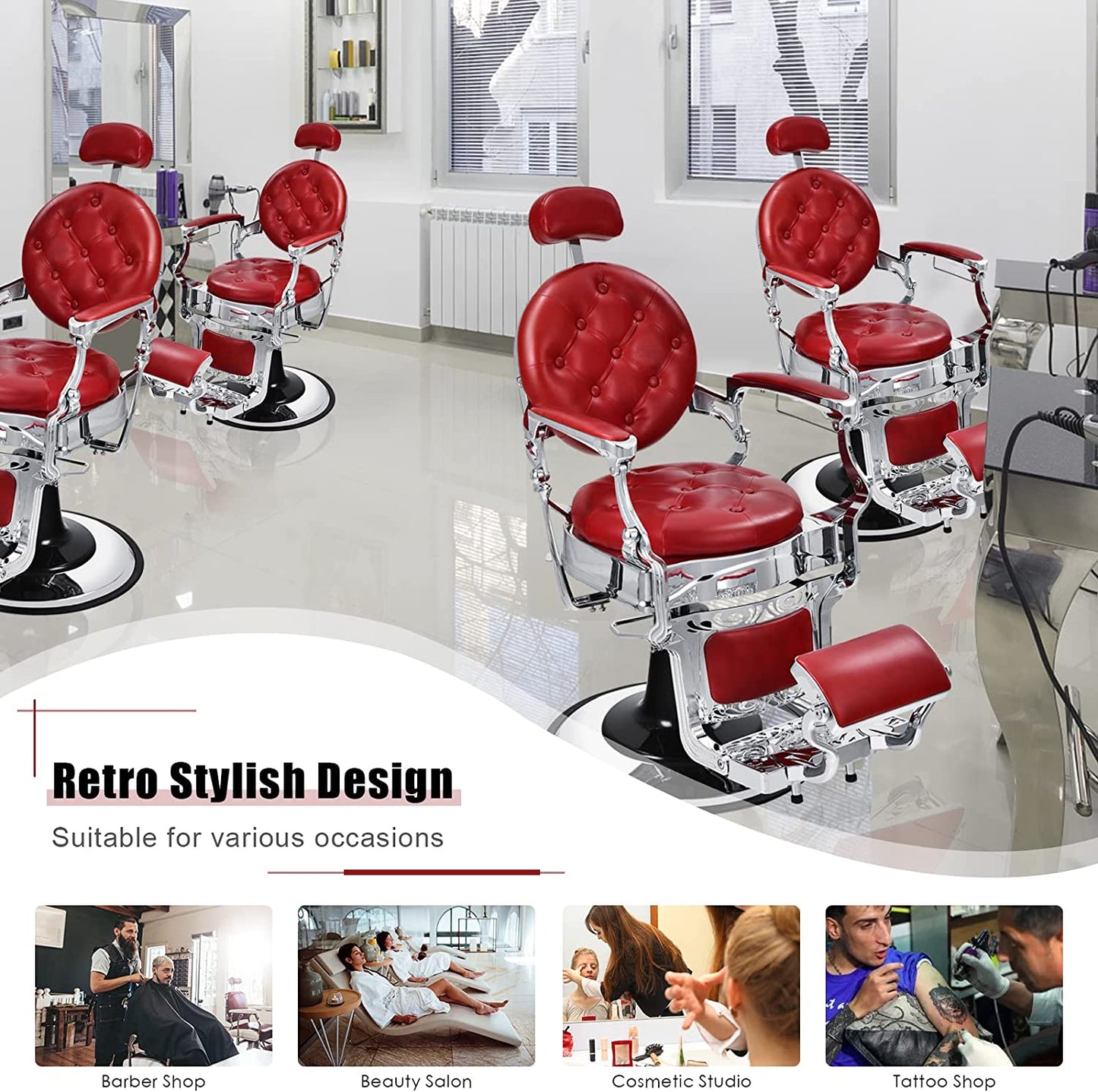 Vintage Barber Chair 360° Swivel Reclining Chair Makeup Hair Salon Chairs with Adjustable Height and Detachable Headrest